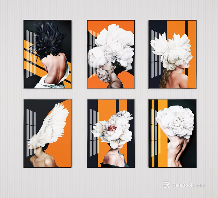 Modern Portrait Paintings With White Floral Headpieces And Orange Geometric Backgrounds 3d model 