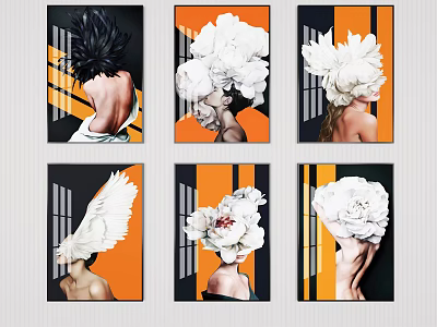Modern Portrait Paintings With White Floral Headpieces And Orange Geometric Backgrounds 3d model