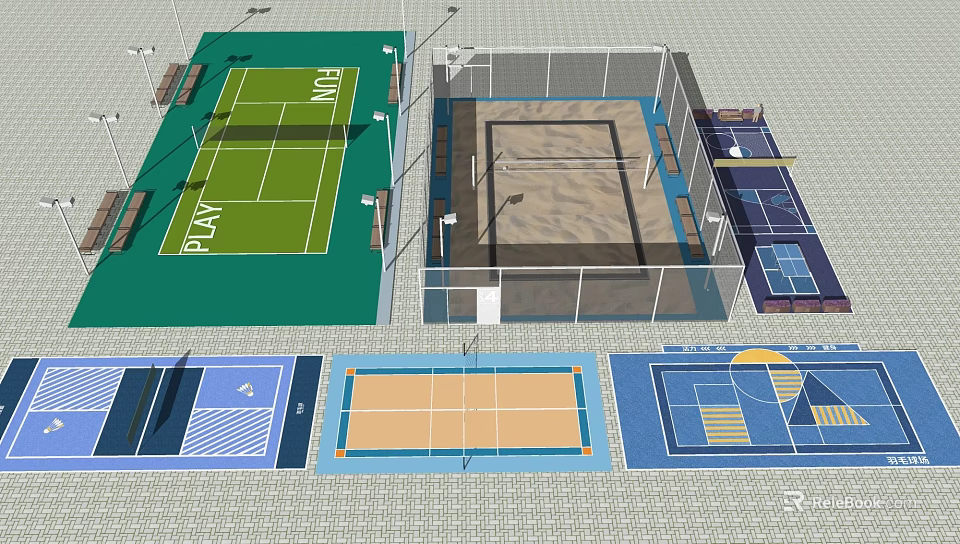 Modern Indoor Badminton Court With Net Lighting Benches And Wooden Floor 3d model 