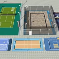 Modern Indoor Badminton Court With Net Lighting Benches And Wooden Floor