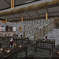 Chinese Restaurant With Thatch Roof Stone Walls Wooden Tables Chairs Red Lanterns And Menu Boards