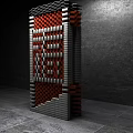 Vertical Structure With Red Black Checkered And White Gray Striped Modular Design On Gray Background