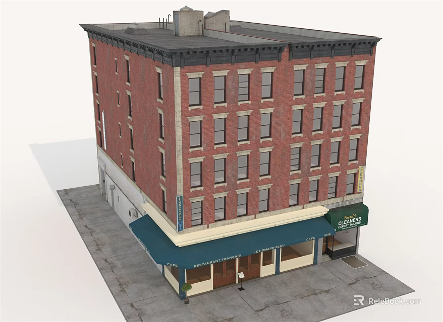 Traditional Red Brick Multi Story Building With Multiple Windows Green Awning And Shop Entrance 3d model 