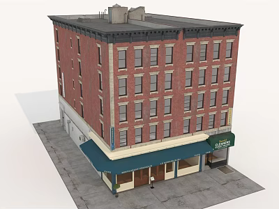 Traditional Red Brick Multi Story Building With Multiple Windows Green Awning And Shop Entrance 3d model