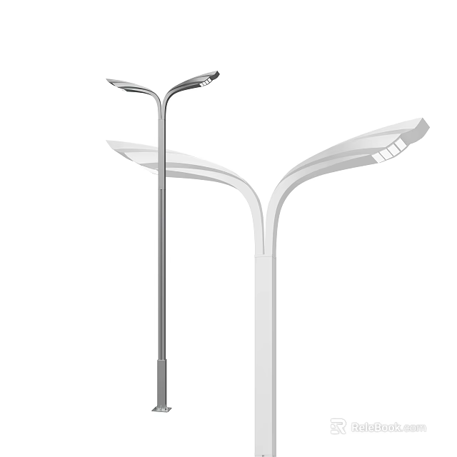 Modern Outdoor Street Lights with Curved Design and Multiple Light Panels on Metal Poles 3d model 