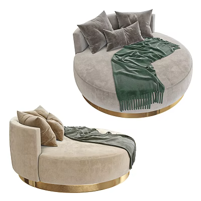 Round Single Sofa with Plush Cushions Green Blanket Fringes on Gold Base 3d model