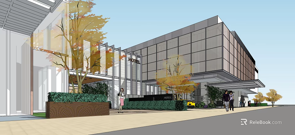 Modern Commercial Complex With Glass Curtain Walls Green Landscaping And Pedestrian Area 3d model 