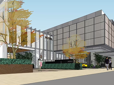 Modern Commercial Complex With Glass Curtain Walls Green Landscaping And Pedestrian Area 3d model