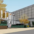 Modern Commercial Complex With Glass Curtain Walls Green Landscaping And Pedestrian Area