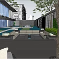 Serene Garden Landscape With Lush Trees Water Pool Seating Areas And Modern Building Backdrop