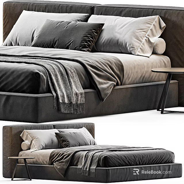 Modern Double Bed Interior With Pillows Blanket And Side Table 3d model