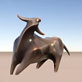 Abstract Bull Sculpture Metallic Brown Finish Against Blue Sky And Sandy Ground