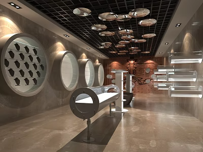 Modern Specialty Store Interior With Round Windows Display Counters Metal Decorations And Grid Ceiling Lighting 3d model