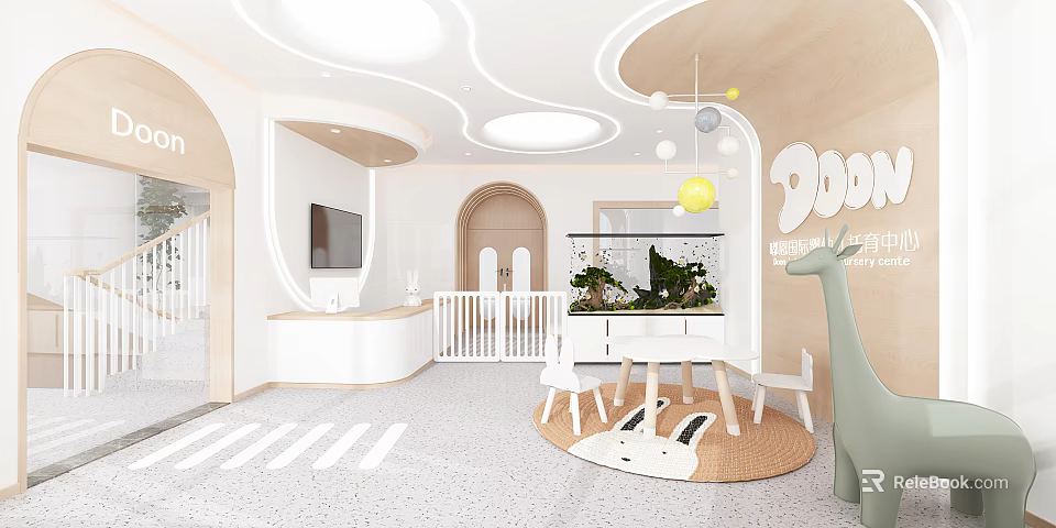Bright Modern Kindergarten Interior With Curved Ceiling Wooden White Decor Giraffe Toy And Rabbit Mat 3d model 