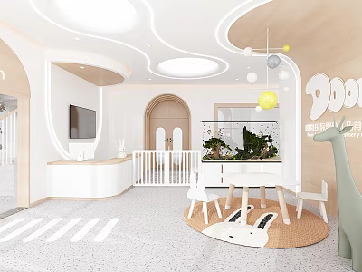 Bright Modern Kindergarten Interior With Curved Ceiling Wooden White Decor Giraffe Toy And Rabbit Mat 3d model