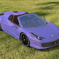 Purple Ferrari Convertible Sports Car with Open Top on Green Grass Field