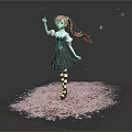 Anime Girl With Pink Hair In Black Dress Standing On Cherry Blossom Petals