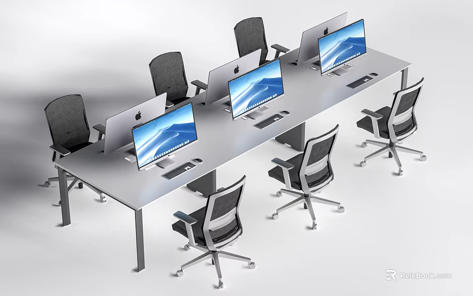Modern Office Desk Setup With Multiple Computer Monitors And Ergonomic Chairs 3d model 