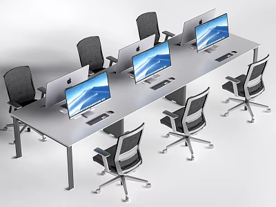 Modern Office Desk Setup With Multiple Computer Monitors And Ergonomic Chairs 3d model
