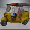 Yellow Traditional Three Wheeled Motorcycle With Colorful Canopy And Seats Details