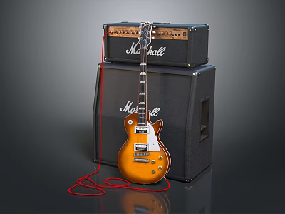Orange Electric Guitar With Red Cable And Marshall Amplifiers Musical Instruments 3d model