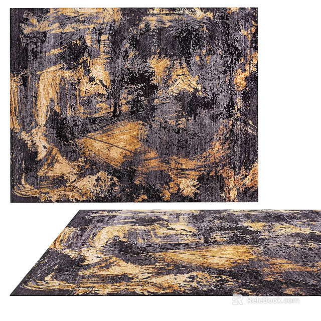 Modern Square Rug with Black and Gold Abstract Brushstroke Design for Living Room 3d model 