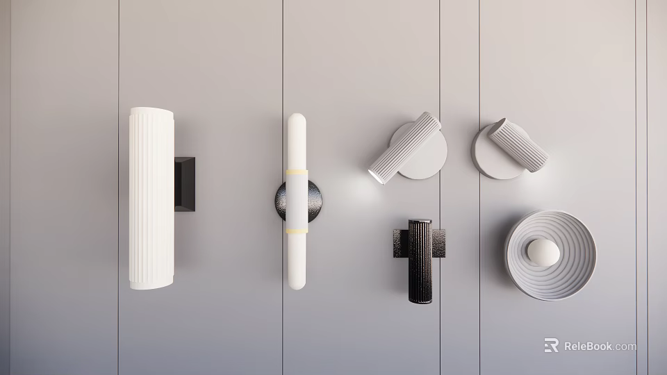 Modern Wall Lamps With Diverse Designs Mounted On Gray Panel Wall 3d model