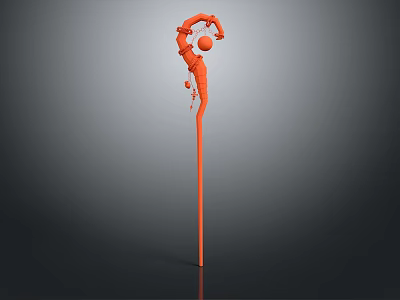 Orange Humanoid Shaped Weapon Featuring Curved Arms Sphere And Slender Pole Base 3d model