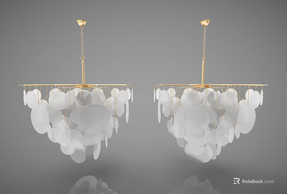 Modern Chandelier With White Circular Glass Shades And Gold Hanging Chain 3d model 