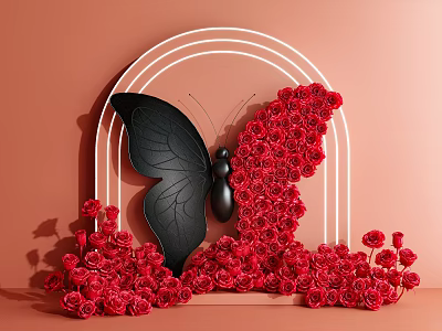 Art Installation Featuring Black Butterfly With Red Roses White Curved Frame And Orange Background 3d model