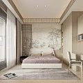 Modern Bedroom Interior Design With Landscape Painting Backdrop Wardrobe Desk Chair And Rug
