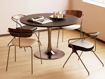 Modern Round Dining Table And Chairs Set With Metal Legs Books And Candles 3d model