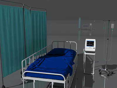 Essential Medical Equipment Including Hospital Bed ECG Monitor IV Stand And Privacy Screen In Ward 3d model