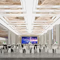 Elegant Modern Banquet Hall With Crystal Chandeliers Marble Floor Stage And Dining Tables
