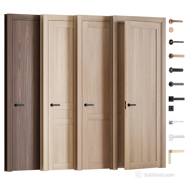 Multiple Wooden Flush Doors In Various Tones With Simple Design And Matching Door Handles 3d model 