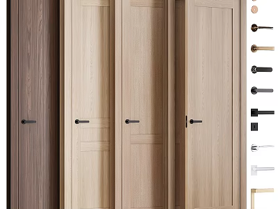 Multiple Wooden Flush Doors In Various Tones With Simple Design And Matching Door Handles 3d model