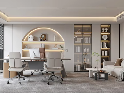 Modern Office Interior Design With Work Desk Ergonomic Chairs Bookshelves Sofa And Plants 3d model
