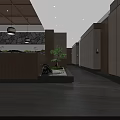 Wooden Reception Area Interior With Marble Counter Display Shelves Chandeliers And Landscape Painting