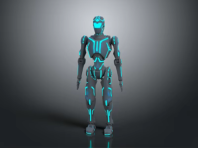 Futuristic Robot Game and Movie Character With Blue Glowing Lines and Sci Fi Design 3d model