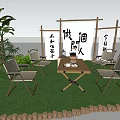 Commercial Outdoor Leisure Equipment with Wooden Tables Chairs Tea Sets on Lawn and Chinese Banners