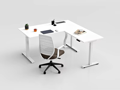 Modern White Desk With Laptop Small Potted Plant Orange Cup Pen Holder And Ergonomic Chair 3d model