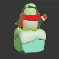 Cute Penguin Doll with Red Scarf and Mittens Standing on Blue Ice Block with Snow