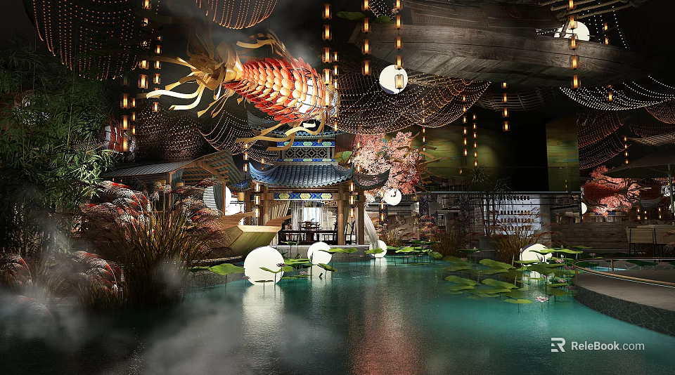 Traditional Chinese Restaurant With Red Carp Decoration Hanging Lanterns Pond Lotus Pavilion And Misty Ambiance 3d model 