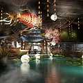 Traditional Chinese Restaurant With Red Carp Decoration Hanging Lanterns Pond Lotus Pavilion And Misty Ambiance