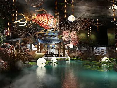 Traditional Chinese Restaurant With Red Carp Decoration Hanging Lanterns Pond Lotus Pavilion And Misty Ambiance 3d model