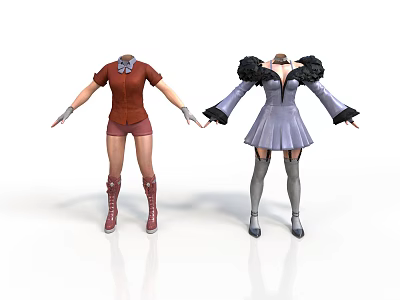 Two Different Style Women's Daily Clothing Outfits With Red Shorts Set And Purple Feather Trim Dress 3d model