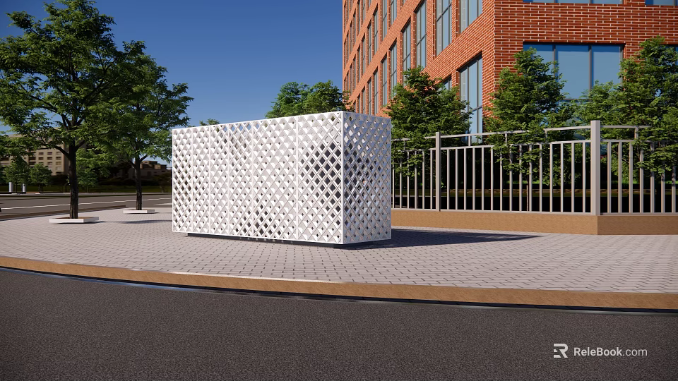 Industrial Equipment Featuring White Perforated Design Installed Outdoors Near Brick Building Trees And Metal Fence 3d model 
