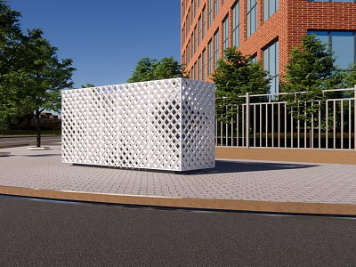 Industrial Equipment Featuring White Perforated Design Installed Outdoors Near Brick Building Trees And Metal Fence 3d model