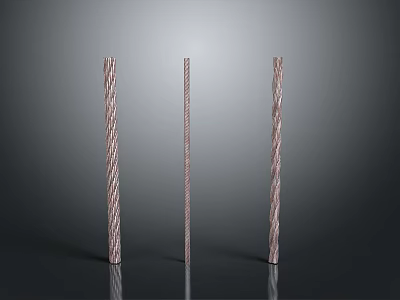 Three Long Metal Industrial Equipment Rods With Spiral Texture And Reflective Surface 3d model