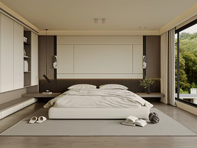 Modern Bedroom with Big Bed Open Shelves Large Window Greenery View Light Wood Floor 3d model